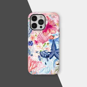 A durable 2-in-1 protective case featuring a European summer collegiate style patchwork of hibiscus flowers and tortoise shells, compatible with iPhone 17/16/15/14/13/12/11 Pro Max/Plus/Pro and Samsung Galaxy S25/S24/S23 Ultra.