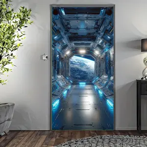 1PC,2D Flat Door Banner Sci - fi Space Capsule & Earth View Door Banner, Creative Festival Door Decor Background Cloth, Living Room Bedroom Door Sticker, Immersive Cosmic - themed Door Curtain