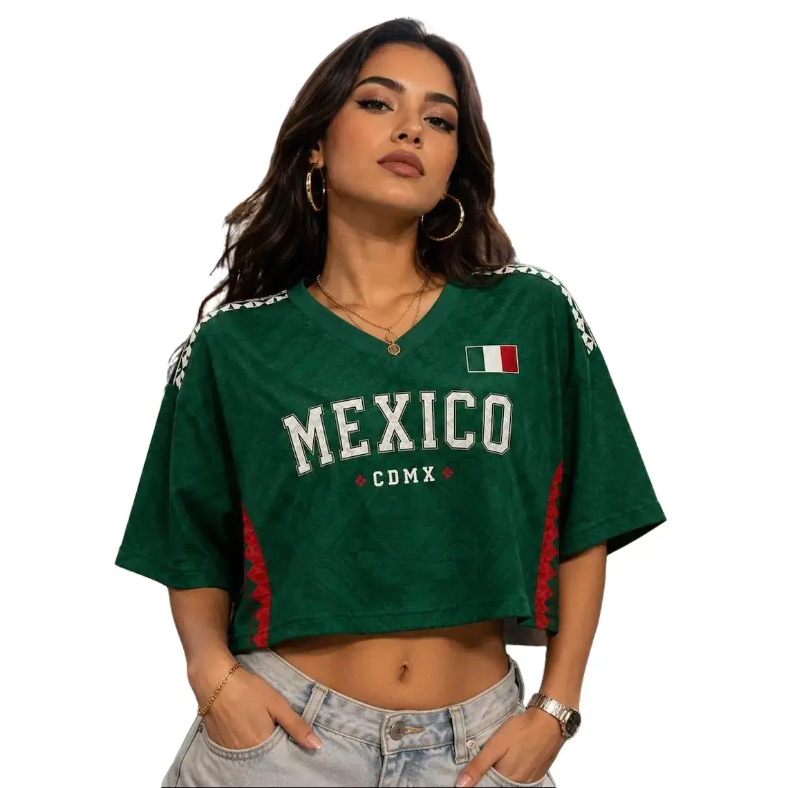 Women's Mexico Aztec Crop Top Sports Jersey - Custom Fashion Jersey, Breathable Athletic Active Top, Soccer Fan Game Day Outfit, Cinco de Mayo Streetwear, Sports Top, Custom Jerseys