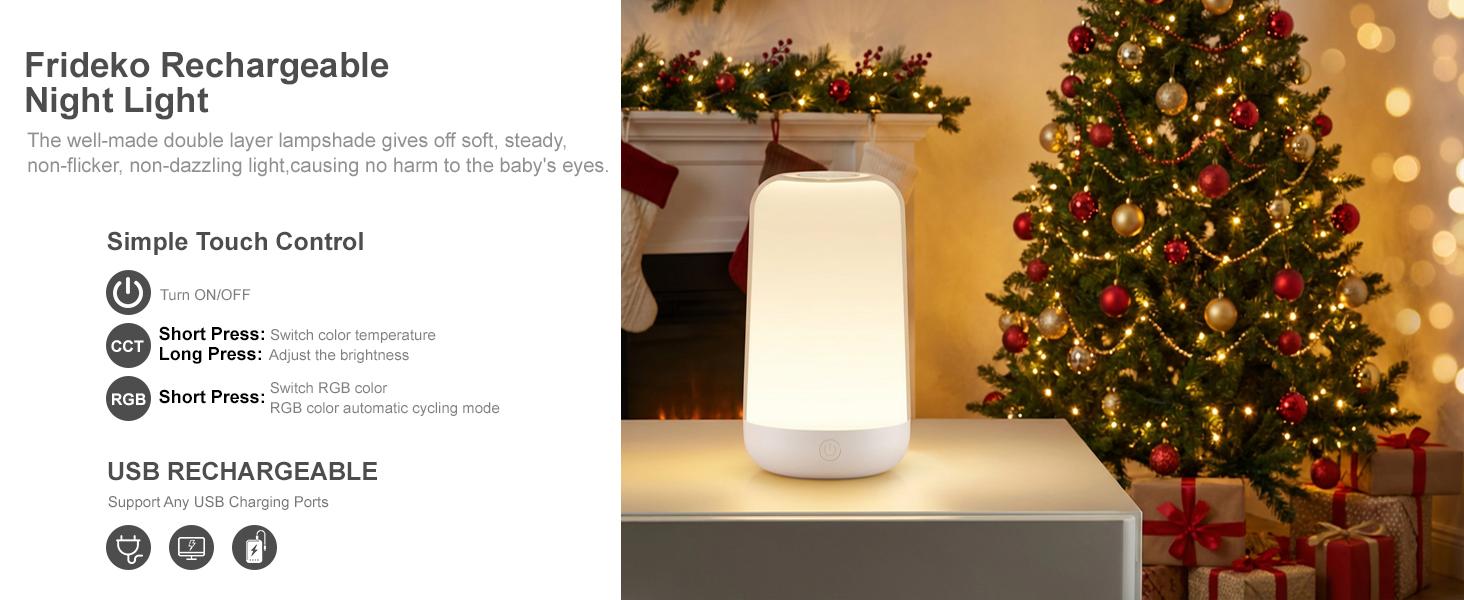 FRIDEKO HOME RGB Touch Bedside Lamp for Nightstand 4 Dynamic  White Tones Dimmable Mood Lighting 18-Hour Battery USB-C Charging Bedroom Living Room Nursery Kids Adult