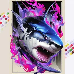 5D DIY Full Drill Round Diamond Painting - Diamond Art Kit Shark, Flame, Colorful Mosaic, Canvas - DIY Home Decor, Wall Decoration, Suitable for Halloween and Christmas, Birthday and Anniversary Gifts