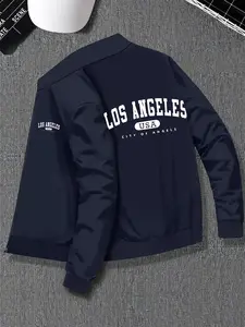 Men's Los Angeles Letter Print Zip Up Jacket, Regular Fit Casual Fashion Long Sleeve Stand Collar Outerwear for Spring & Fall, Men's Clothes for Daily Wear, Coats, Casual Fitted Jackets