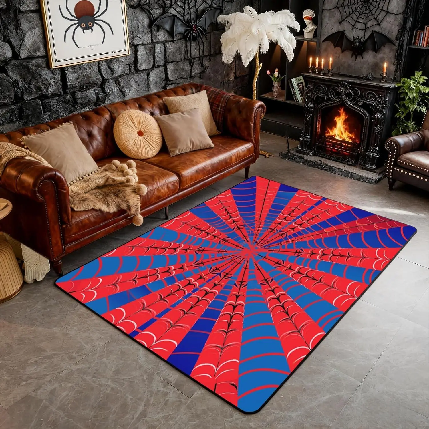 Spider Web Area Rug x0.39'' Bedside s Cartoon Halloween Wild Spider Web Washable Rug Office Bathroom Decor,Watercolor Red Blue Abstract Lines Indoor Floor Mat Bedroom