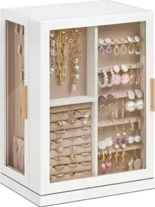 360° Rotating Jewelry Box with 7 Drawers Spacious Vertical Organizer Glass Window Dustproof Moisture-resistant White PU Leather MDF Construction