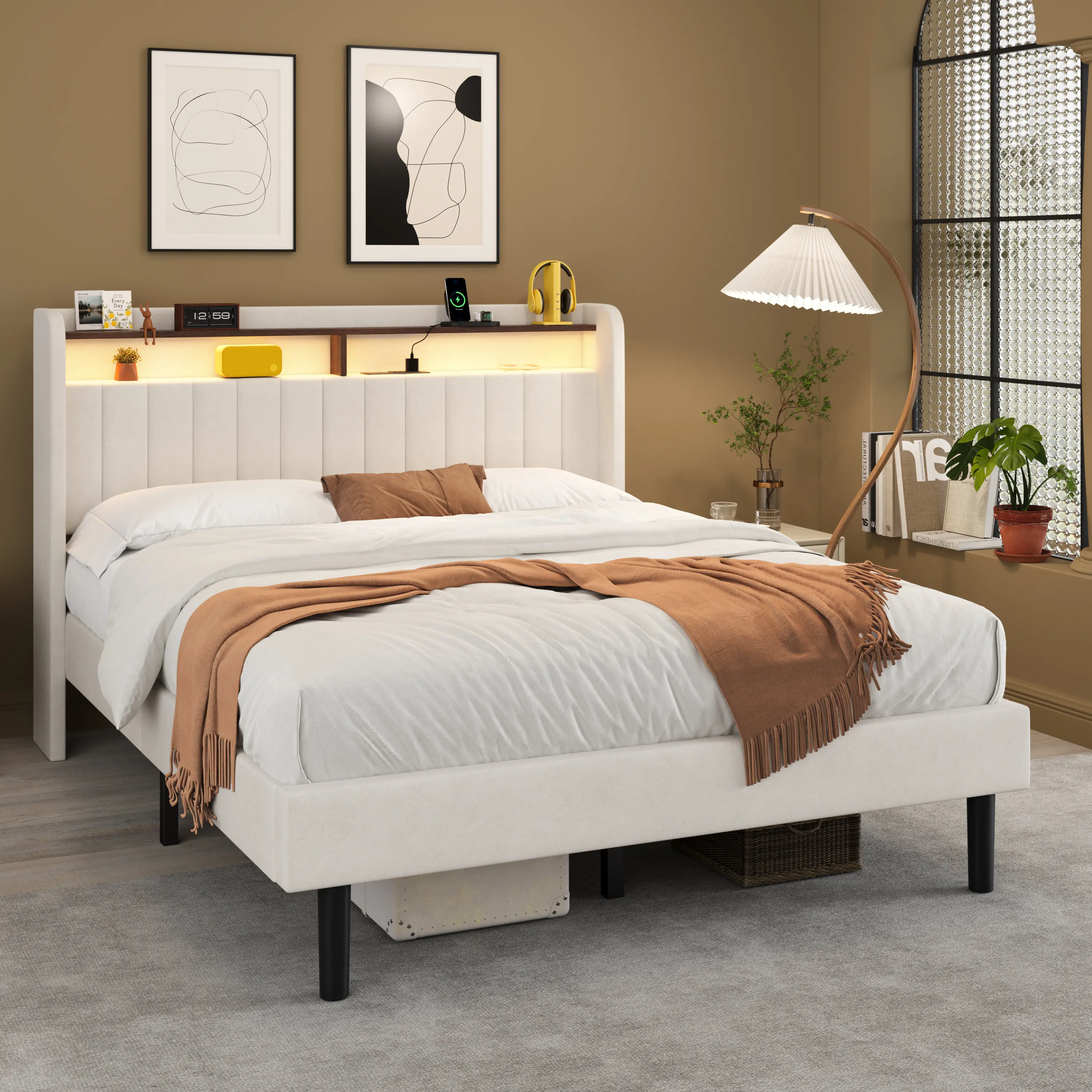 Frostbloom Bed with Vertical Striped Wingback Headboard, Double Storage Shelves & Built-in Outlets