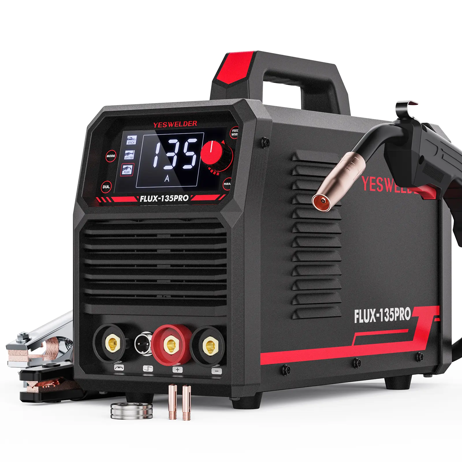 YESWELDER FLUX-135PRO 110V 135Amp Flux Core MIG Welder | Gasless MIG/Lift TIG/Stick 3-in-1 Digital Display Welding Machine, Portable Welding Machine, Metal