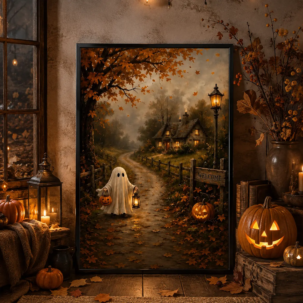 Vintage Halloween Ghost Pumpkin Cottage Canvas Wall Art, Fall Autumn Country Road Farmhouse Decor Painting, Spooky Cute Ghost Lantern Pumpkin Home Wall Decor For Living Room Bedroom Halloween Party Decor Gift