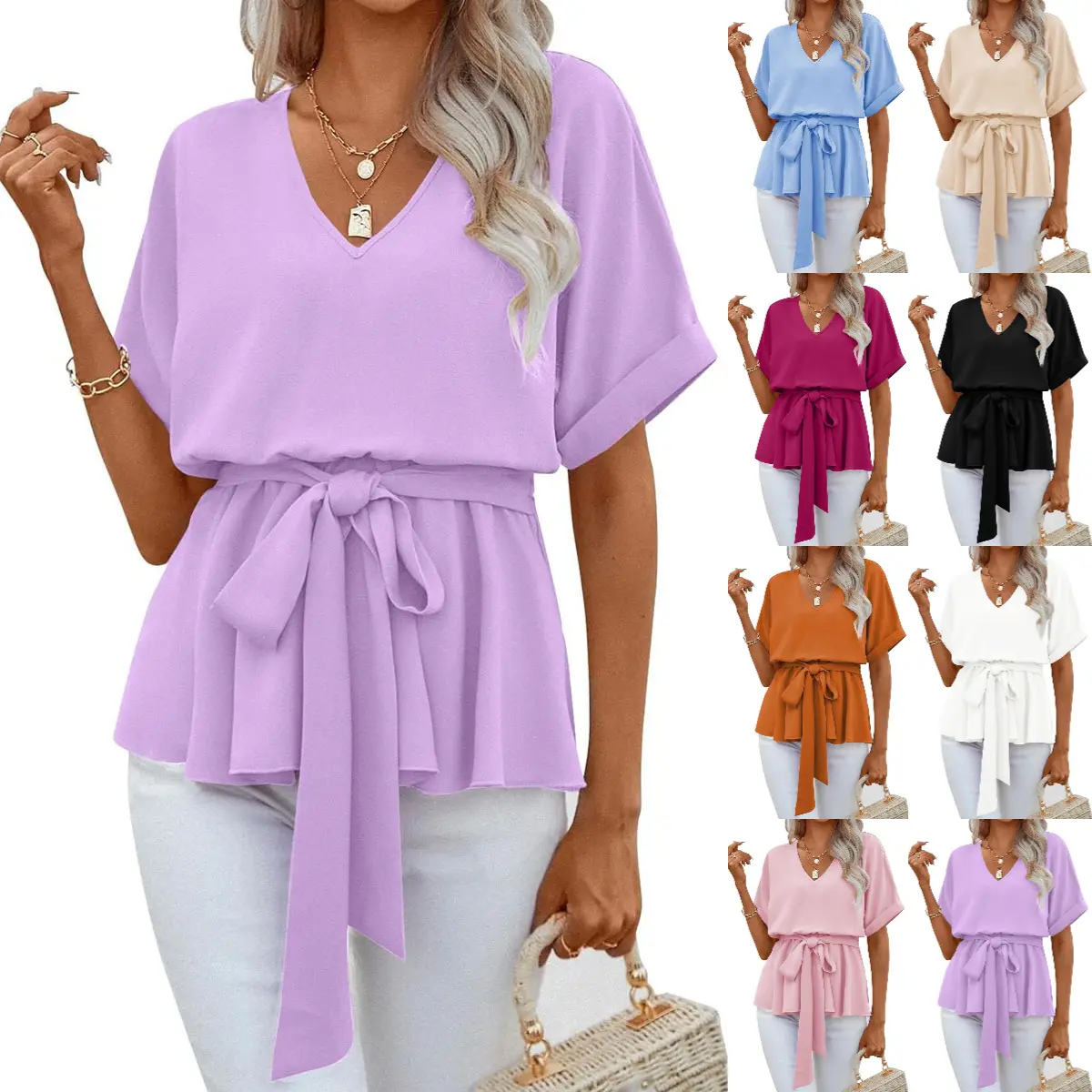 Beotyshow Womens V Neck Blouse Short Sleeve Belted Casual T-Shirts Basic Tee Tops