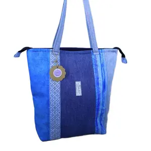 Handmade Patchwork Denim and Cotton Fabric Tote Bag – Large Casual Shoulder Bag for Women- Dark Blue and Light Blue Colors Tote Bag.
