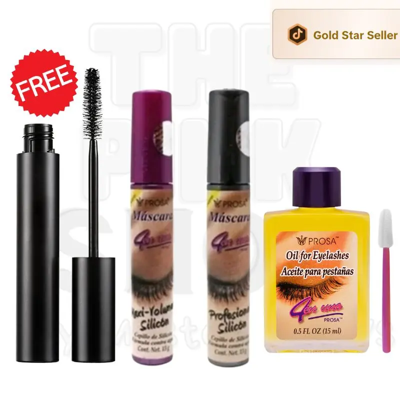Viral! Prosa Mascara & Oil Set - Waterproof Makeup Bundle - Alargadora Volumen Efecto Extensiones - 4-Piece Kit for Dramatic Length & Volume - Gold Star Seller