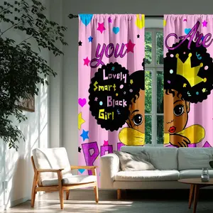 2pcs Cartoon Girl Motivational Curtains, Princess Style Bedroom Decor, Durable Polyester Fabric, Home Decoration, Window Curtain