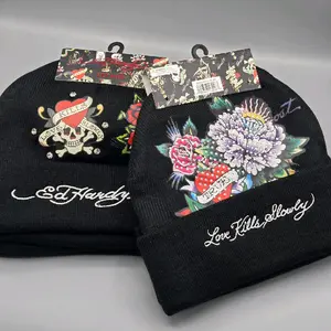 Ed Hardy Women's or unisex Hats Black and Multicolor floral, skull and hearts. Set of 2