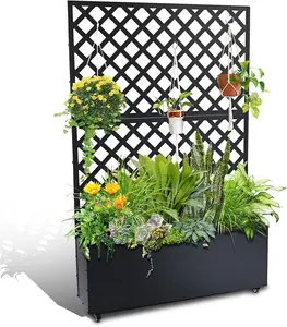 Privacy Screen with Planter Box, Metal Raised Garden Bed with Trellis & Wheels, Privacy Planters for Patio, Planter Box with Drainage Holes for Climbing Plants, Flower, Vegetables