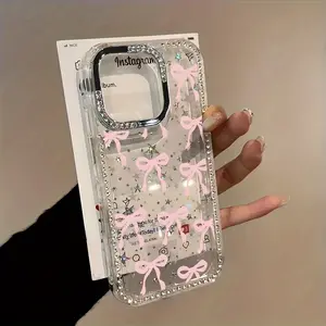 Pink heart-shaped bowknot pattern, large hole rhinestone star frame, flexible soft yet sturdy back panel, multiple protection features, suitable for iPhone 17, 16, 15, 14, 13, 12 and other series models, can be given as a gift to friends or family.