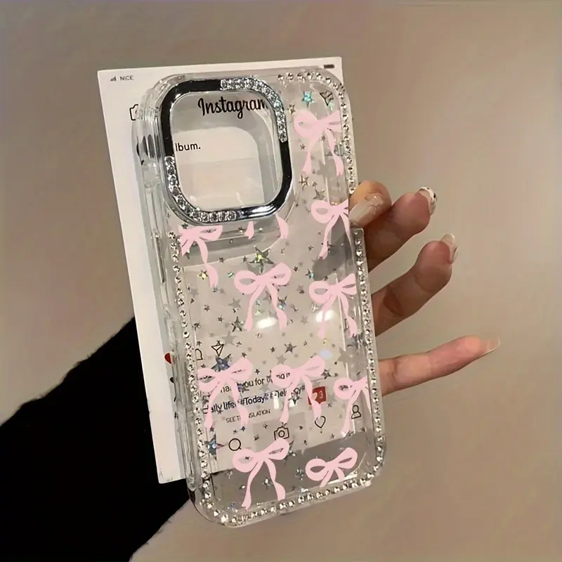 Pink heart-shaped bowknot pattern, large hole rhinestone star frame, flexible soft yet sturdy back panel, multiple protection features, suitable for iPhone 17, 16, 15, 14, 13, 12 and other series models, can be given as a gift to friends or family.