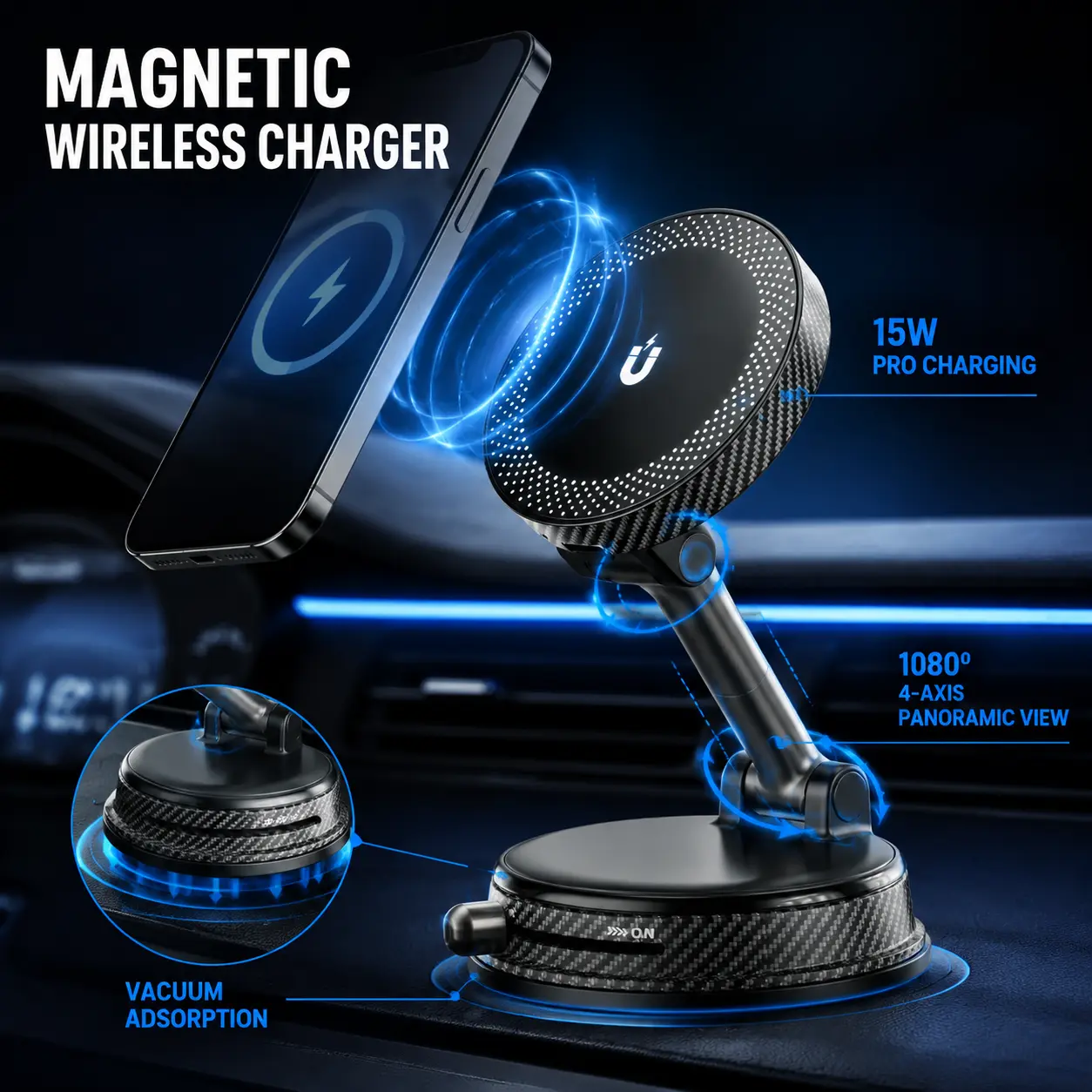 15W N52 Magnetic Wireless Car Charger Mount - 1080° Adjustable Arm, 360° Rotatable, Foldable, Powerful Suction, Noiseless Stability, Dashboard Mount for Car Owners, iPhone 12-17 Pro Max, Android Devices, Fast Charger, Windshield Mount