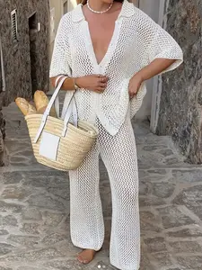 New Casual Hollow Out Short Sleeve Top Knit Pants Beach Outdoor Wear Sun Protection Bikini Cover Up Set Sheer Cover Up