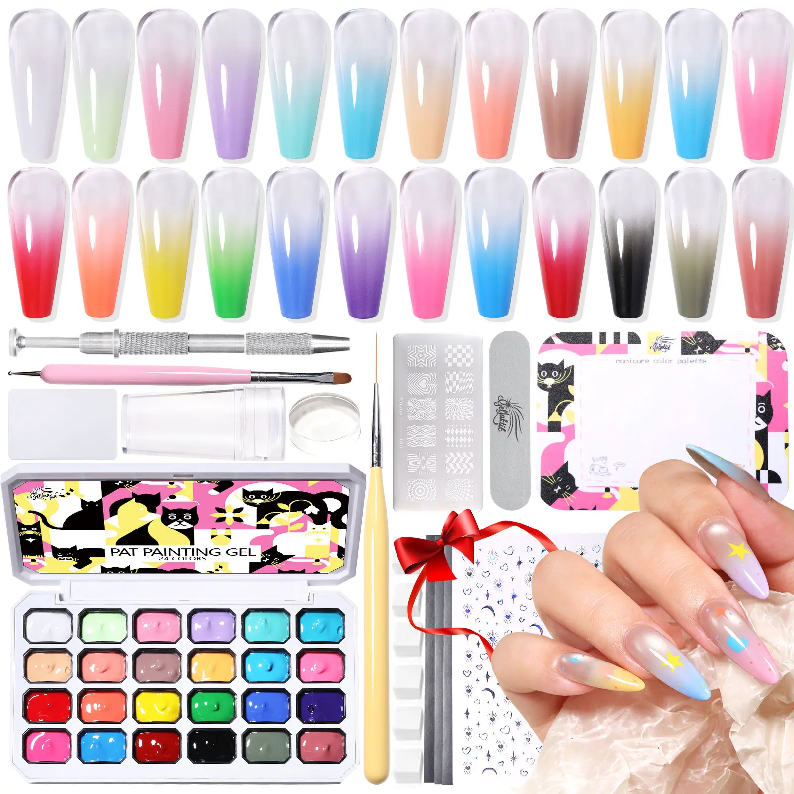 GELLAKTIK 24-Colors Neon Pat Painting Gel Kit, UV/LED Soak-Off Pigmented Gel Varnish with Gradient Tool, Mess-Free Apply, Pat Then Cure, All-In-1 Nail Supplies for Manicure Nail Art