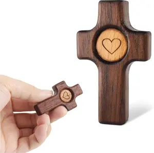 Handheld Wooden Cross My Heart Fidget Toy, Durable Walnut Stress Relief Prayer Cross, Portable Pocket Christian Gift, Inspirational Religious Encouragement Present For Women, Men & Daily Faith Use