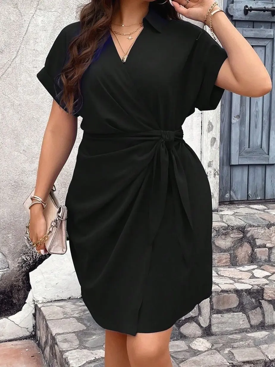 Plus Size Batwing Sleeve Wrap Dress, Elegant Knot-Side Midi Formal Work Dress