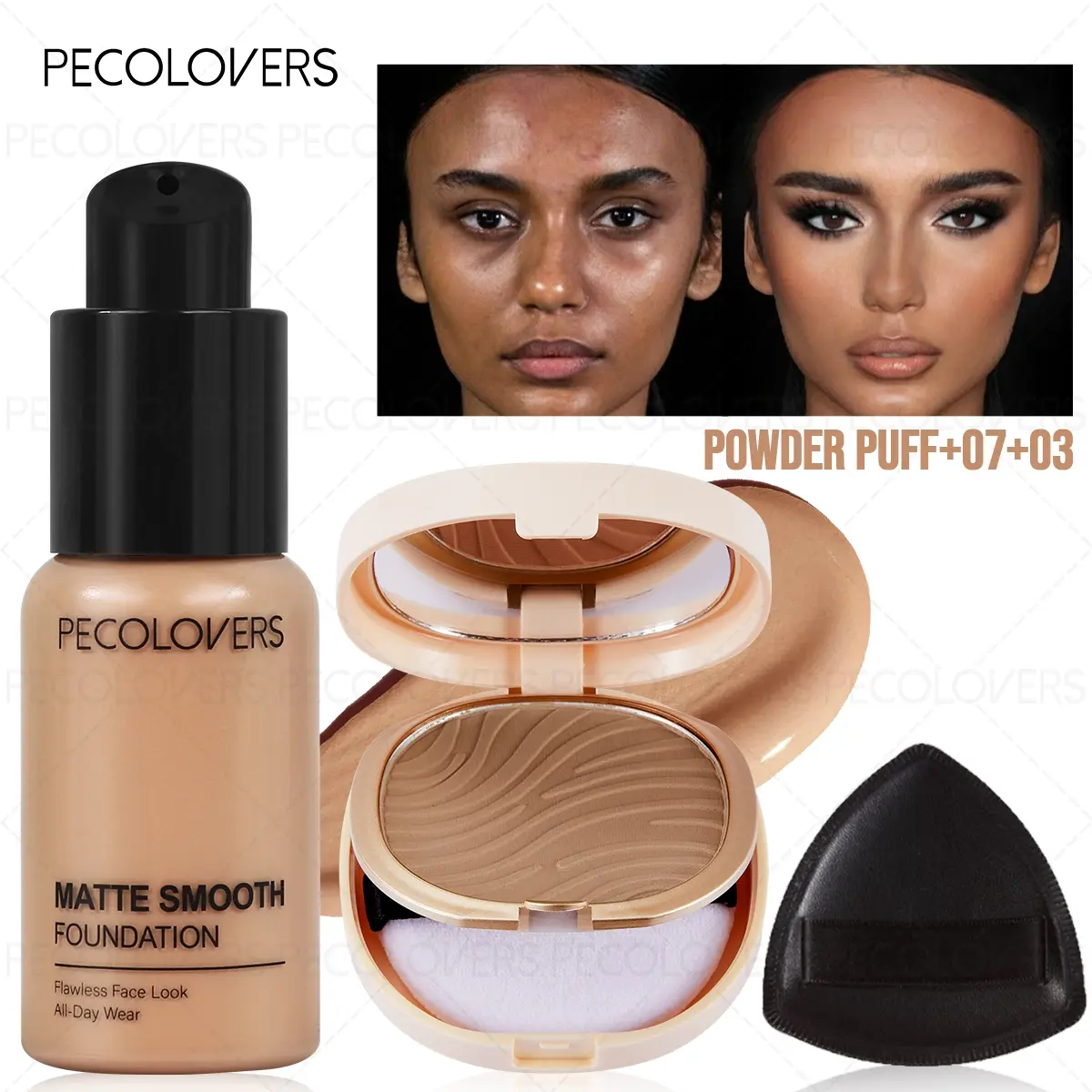 1 SET Matte Foundation & Powder & Puff  - Flawless Transfer-Resistant Face Kit, Smudge-Proof Face Cosmetic For Party Looks & Evening Events, Porcelain And Almond And Honey Beige, Face Cosmetic Set