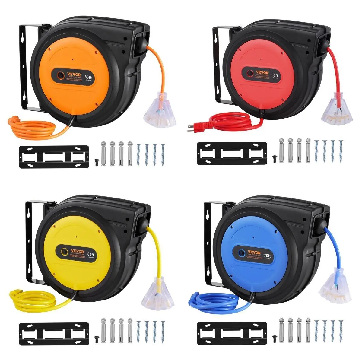 【Summerfinds】VEVOR Retractable Extension Cord Reel Max. 80FT ,  12/14/16 AWG/3C SJTOW Heavy Duty Power Cord w/Lighted Electrical Triple Tap Outlets, 10/13/15A Circuit Breaker,180° Swivel Bracket