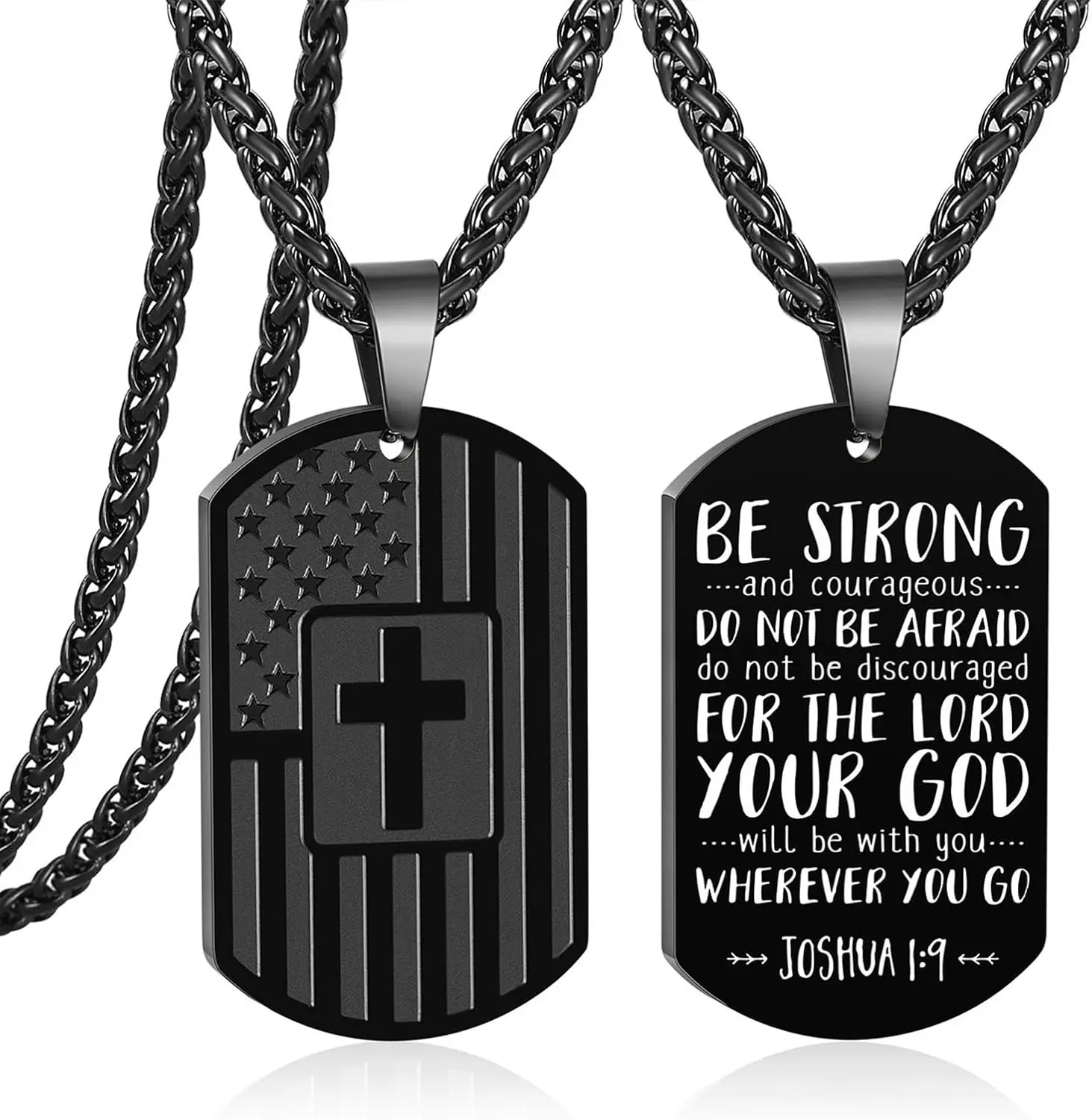 .K Stainless Steel Cross Dog Tag Necklace - American Flags, Bible Verse Pendant, Long Chain, Unisex Inspirational Spiritual Jewelry, Gift for men, women, Daily Patriotic Military Accessory