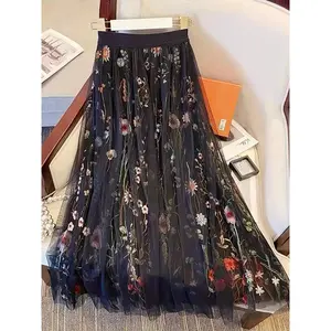 Women's Floral Embroidery Contrast Mesh Tiered Layer Skirt, Elegant A Line Skirt for Party Holiday Wedding Guest, Ladies Bottoms for All Seasons