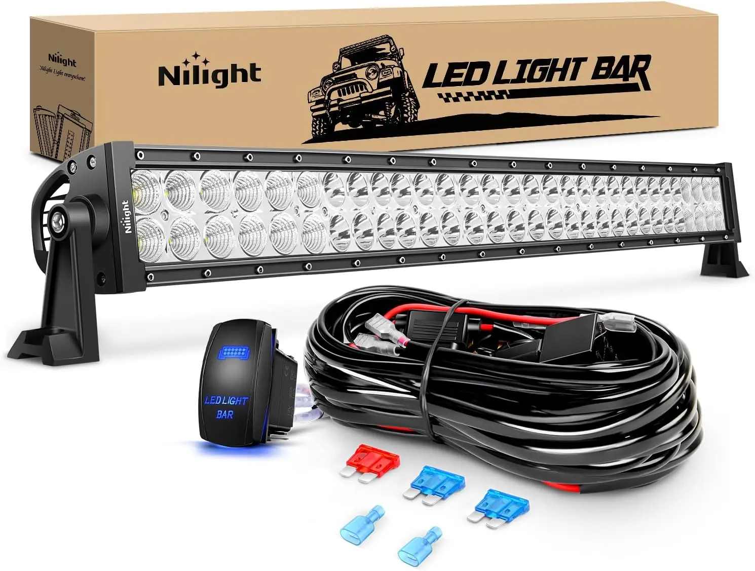 Nilight 32Inch 180W LED Work Light Bar - 12V Off-Road Cantilever Unit, 5-Pin Rocker Switch, Lit Switch and Wiring Harness Kit, Lightbar, Led Lights Car