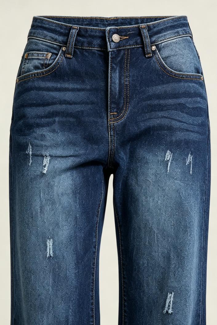 High Waisted Dark Wash Wide Leg Jeans for Women, Casual Loose Fit Stretch Denim Pants with Distressed Details, Comfortable Straight Leg Trousers for Everyday Streetwear