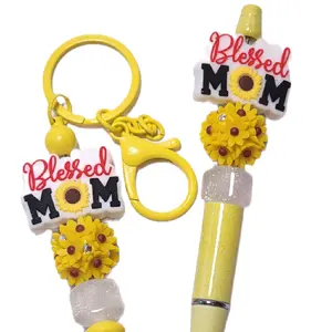 BLESSED MOM SUNFLOWER  Beaded Pen MATCHING KEYCHAIN OR PURSE CHARM with Black Ink Extra Refill Included Bead Topper Awesome Sping GLO UP Gift Item
