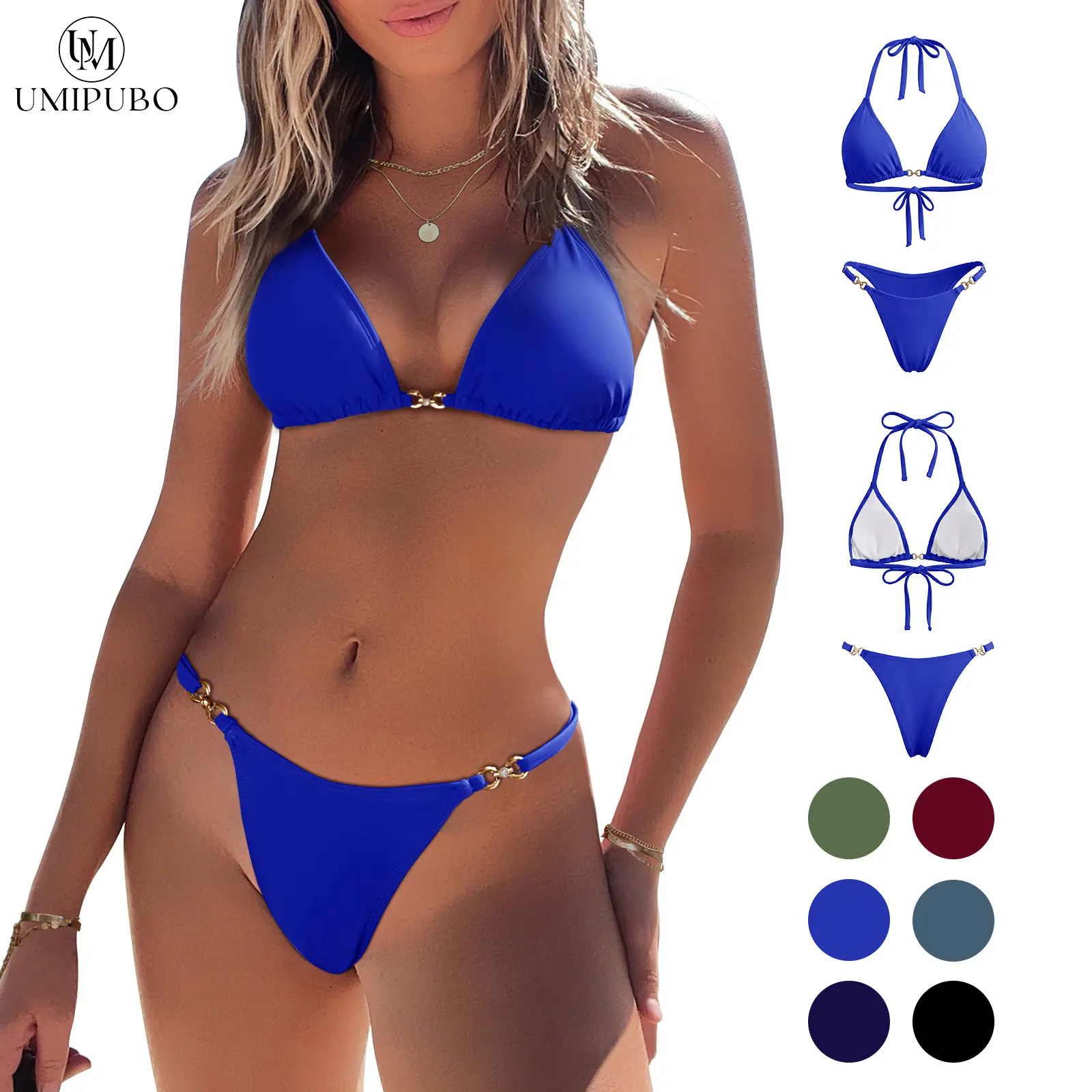 UMIPUBO Women's Two Piece Swimsuit Halter String Bikini Set Sexy Thong Cheeky Bathing Suits Cute Tie Side Triangle Swimwear 2 Pack Blue SwimWeek
