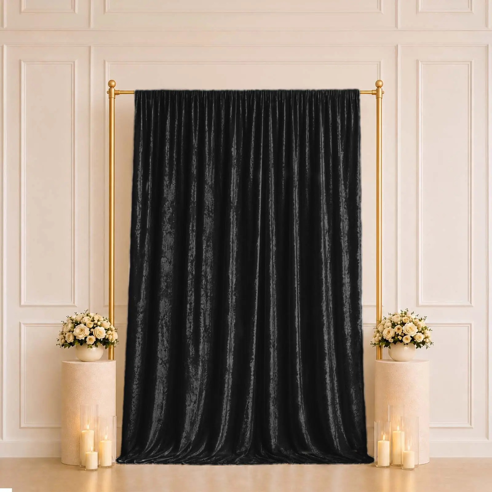 Black Premium Crushed Velvet Backdrop Curtain 5ft x 10ft – Event Drape Panel & Photo Booth Background with Rod Pocket, 70% Blackout