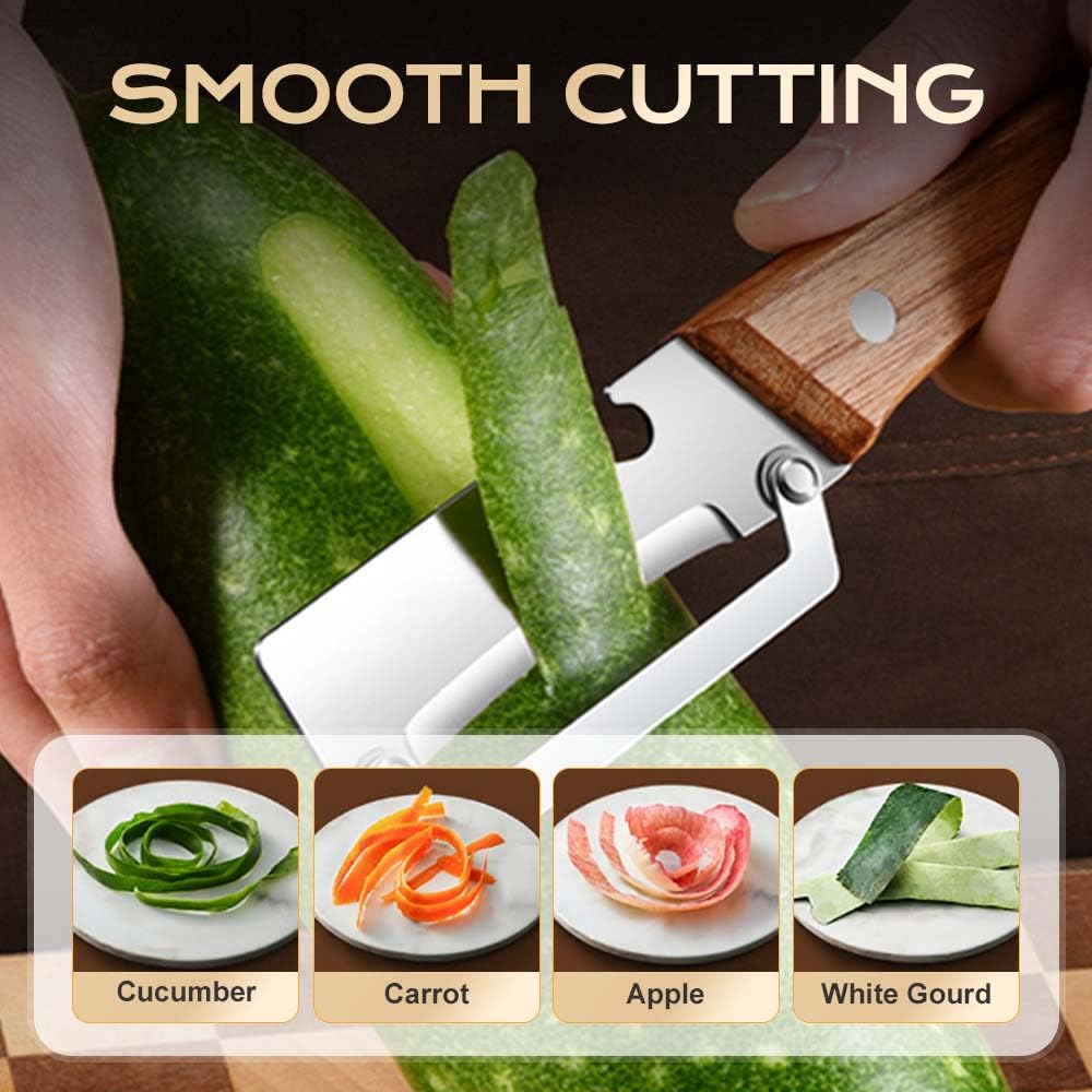 Wooden-Handled Stainless Steel Sharp Peeler with Built-In Bottle Opener for Fruits & Vegetables Ergonomic Non-Slip Handle Long-Lasting Construction Essential Kitchen Tool
