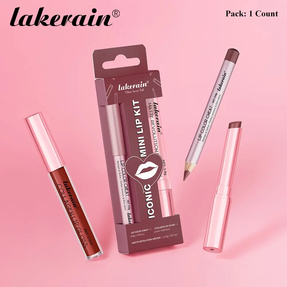 Lakerain 1 Count Lip Liner Lipstick Lip Gloss 3-In-1 Lip Set，Long-Lasting Wear，Nourishing, Hydrating and Moisturizing，Mini Size，Easy to Carry，Suitable for Daily Commute and Outdoor Travel