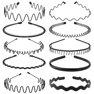 10-Pack Black Metal Wavy Headbands – Unisex Fashionable Hair Bands, Perfect for Sports and Daily Use. hair scarf headband