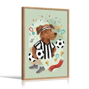 Wall Art Painting  Dog Soccer Player With Accessories Canvas Print Poster Living Room Bedroom Home Office Match Party Sports Decor, with Wooden Floating Frame Size 18X24inch