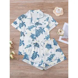 [SeaTurtlePrintPajama]CozySeaTurtlePrintPajamaSet-SoftPolyesterBlend,ShortSleeveButton-UpCollaredTop&ComfyElasticWaistShorts,MachineWashable,All-SeasonSleepwear&LoungewearforWomen