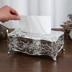 Silvery European Tissue Box High-end Tissue Box Household Tissue Box Luxury Toilet Tissue Storage Box High-end Restaurant KTV Tissue Box Tissue Box Hotel Supplies Plastic Golden