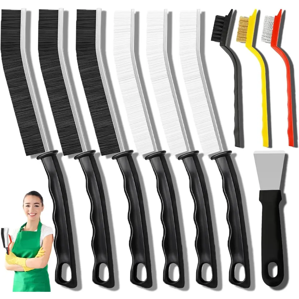 10Pcs High-Quality Hard Bristle Crevice Cleaning Brush Set with Scraper - 15° Angled, Ergonomic Design, Hanging Space-Saving, Blind Cleaning Brush Bathroom Cleaners, Essential Home Cleaning Tools You Need for Family Kitchen Use