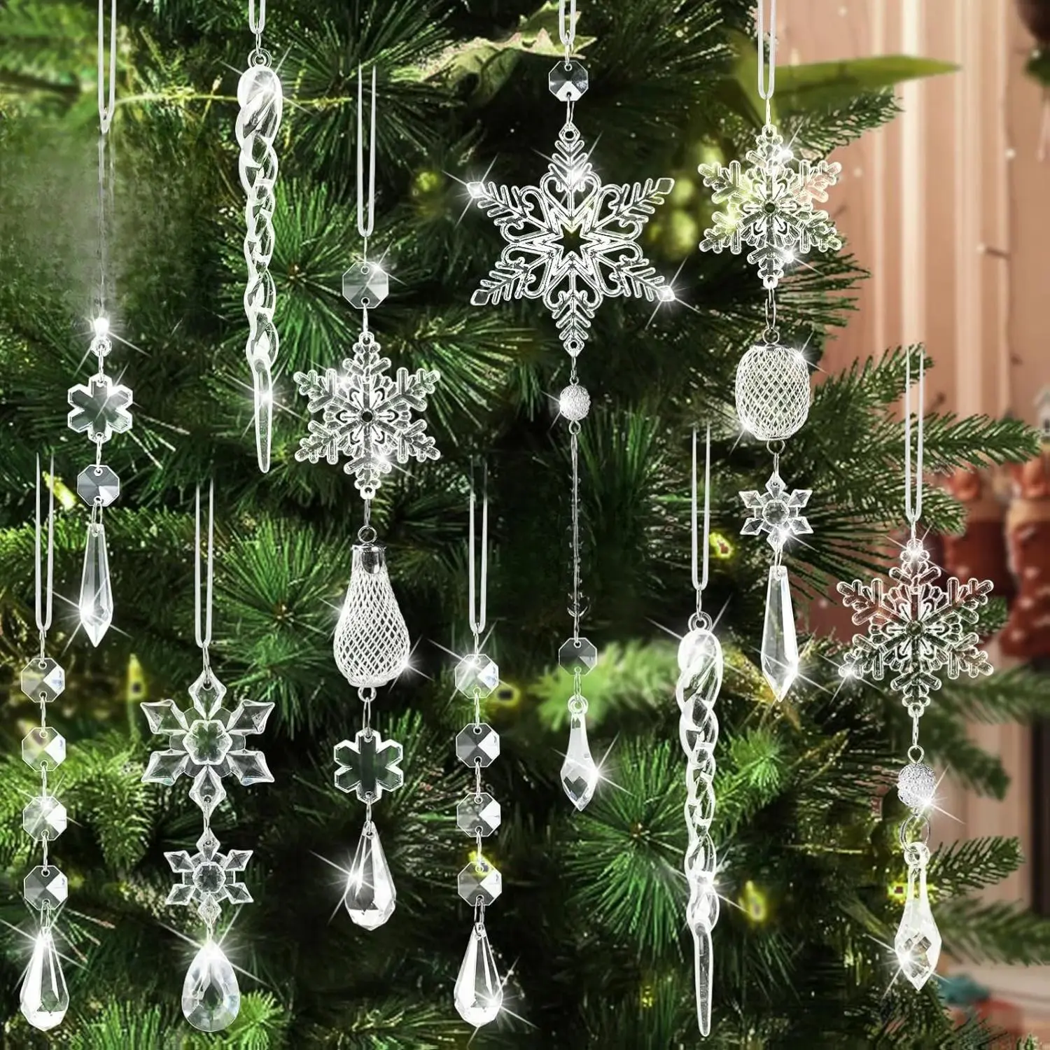 Crystal Ornaments Christmas Tree Decorations - 21pcs Christmas Tree Ornaments Sparkling Dazzling Festival Party Decoration Crystal Snowflake Design Hanging Ornament Holiday Season Home Decor