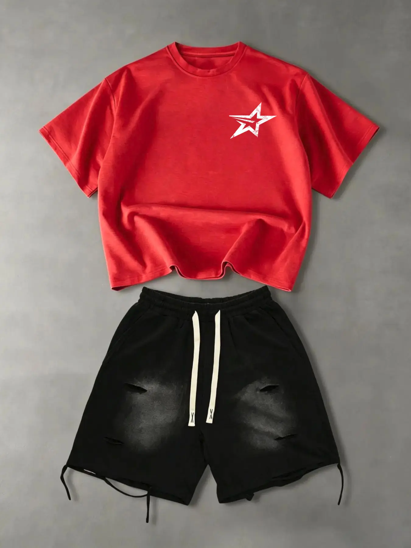 Men's short-sleeved T-shirt set: a printed graphic crew neck T-shirt and a pair of distressed washed ripped shorts. The T-shirt features star and letter prints and is suitable for all seasons, Casual, Clothes
