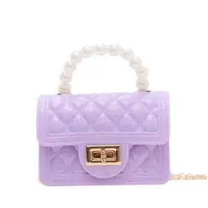 Women Girls Shoulder Bags Fuchsia Quilted Design with Pearl Handle and Gold Chain Strap