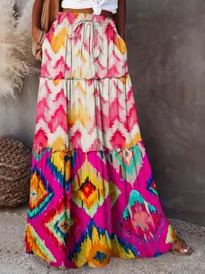 Boho Style Bohemian Colorful Geometric Print Cake Dress High Waist Drawstring Pocket Vacation Maxi Long Skirt, Women's Fashion Casual Wear