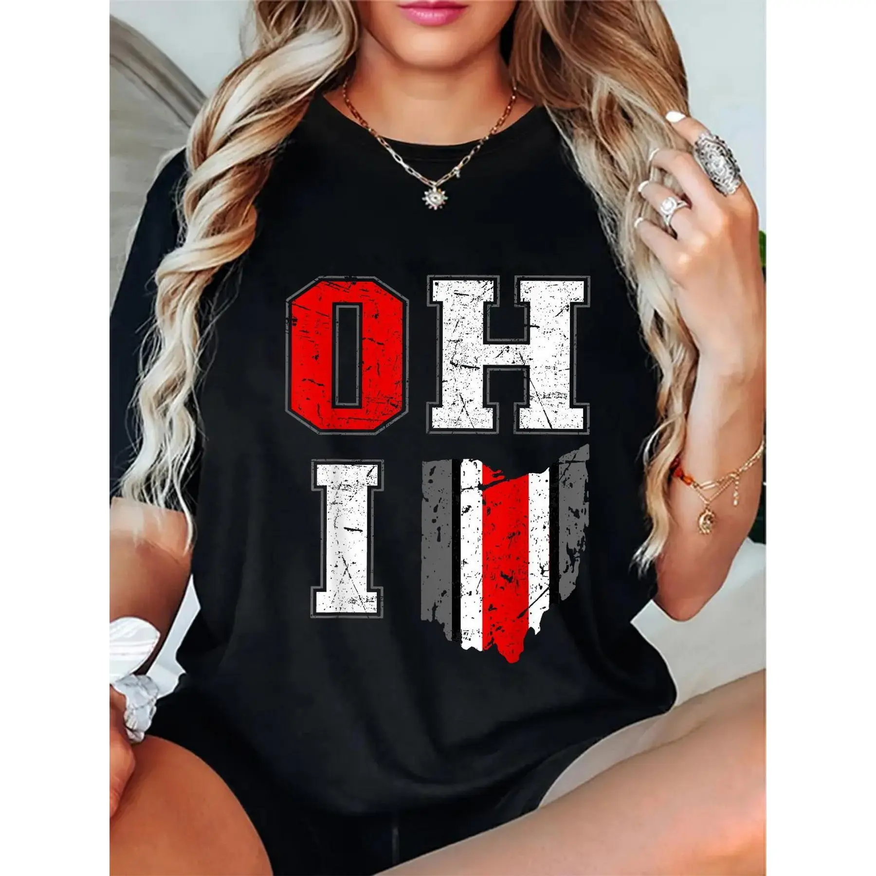 Women's Pure Cotton Short-Sleeve Crew Neck T-Shirt, Casual Breathable Knit Top with Ohio State Flag Graphic for Sports Fans, Round Neck