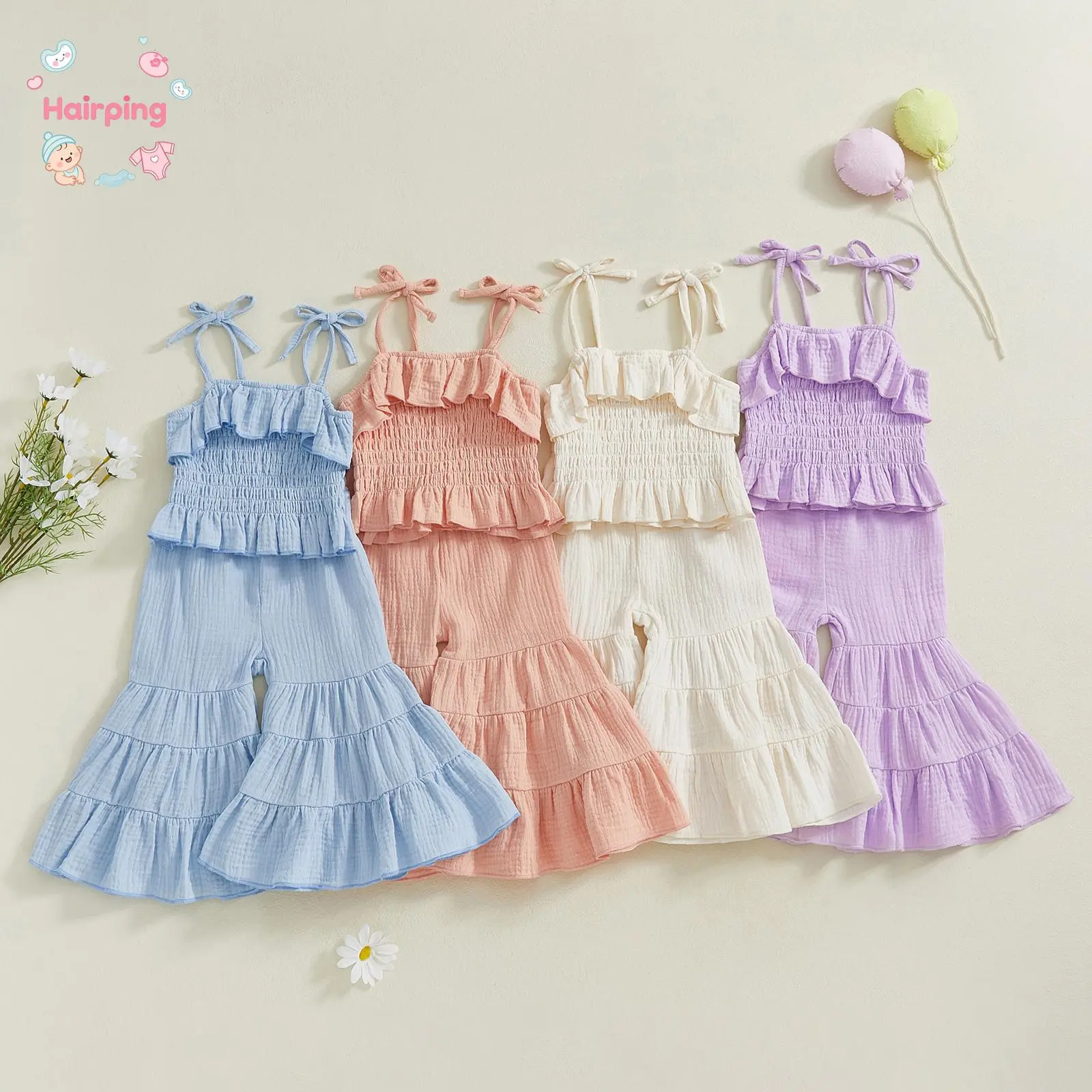 Toddler Girl Summer Set, Sleeveless Smocked Lacing Strap Camisole Elastic Waistband Flare Pants, 2-Pieces Solid Color Outfits, Casual Baby Girls Set