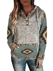 Hoodies for Women Lightweight Western Aztec Long Sleeve Sweatshirt Loose Fit Drawstring Button Tops with Pockets