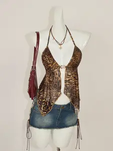 Women's Y2K Cheetah Halter Top Leopard Sleeveless Open Back Going Out Cami Tops