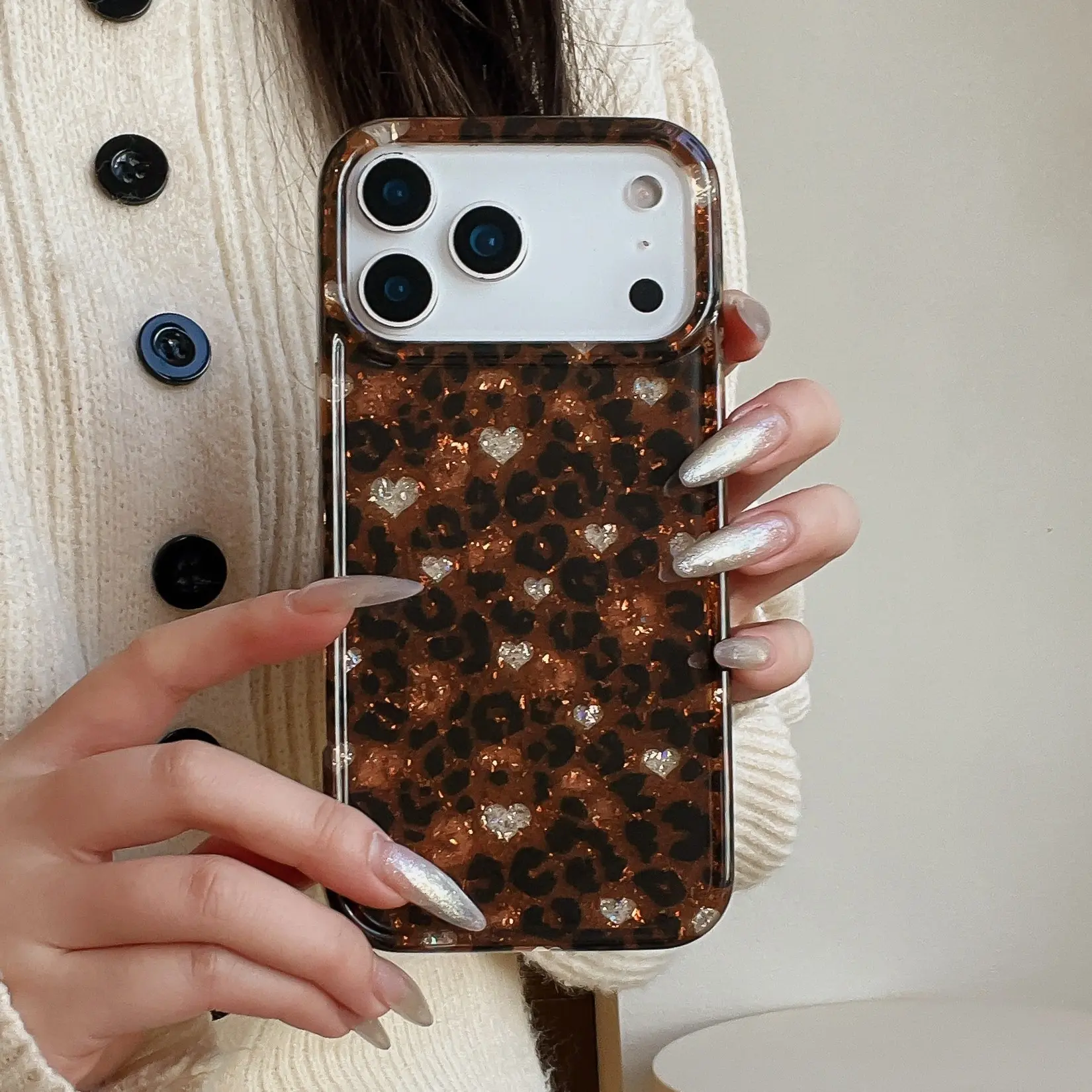 Imd Glitter Heart Leopard Skin Touch Phone Case Protector, Durable Protective Fashion Design for iPhone 17 Pro Max/16/15/14/13, Stylish Protection