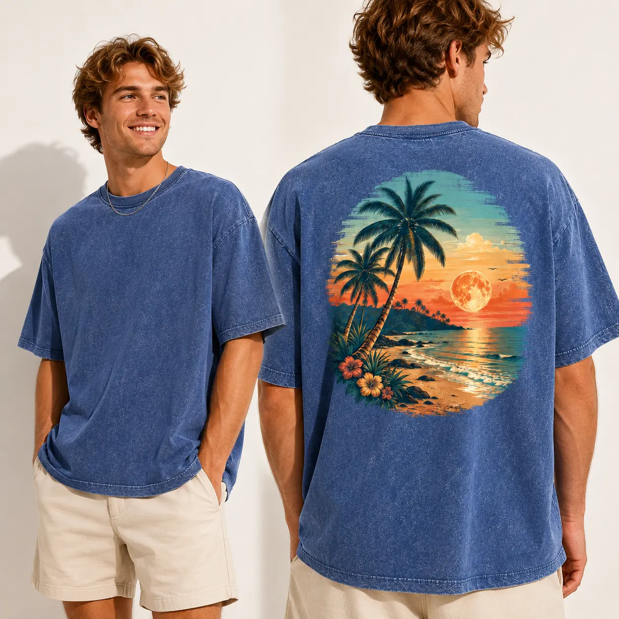 Men's Vintage Washed Oversized Casual Round Neck Tshirt - Menswear Short-Sleeve Streetwear Top with Tropical Ocean Beach Sunset Back Print, Relaxed-Fit
